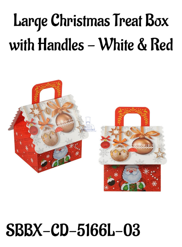 Large Christmas Treat Box with Handles - White & Red | 16 x 15 x 10 cm | 1 Piece (SBBX-CD-5166L-03)  - CAKE DECOR™