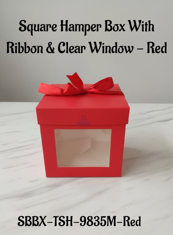 Square Hamper Box With Ribbon & Clear Window - Red | 15 x 15 x 15 cm | 1 Piece - CAKE DECOR™