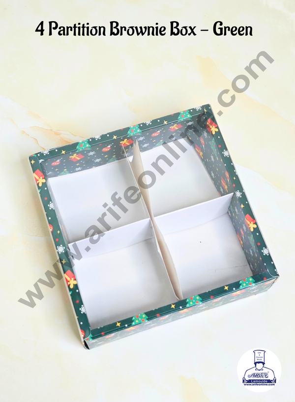 Cake Decor 4 Cavity Green Christmas Design with Partition, Clear Window | Brownie Carriers ( 1 Pcs Pack )