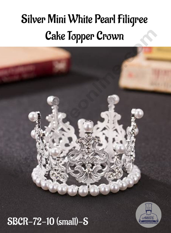 CAKE DECOR™ Silver Mini White Pearl Filigree  Cake Topper Crown - SBCR-72-10 (small)-S