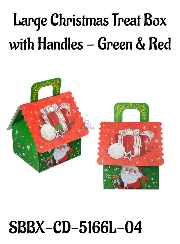 Large Christmas Treat Box with Handles - Green & Red | 16 x 15 x 10 cm | 1 Piece (SBBX-CD-5166L-04)  - CAKE DECOR™