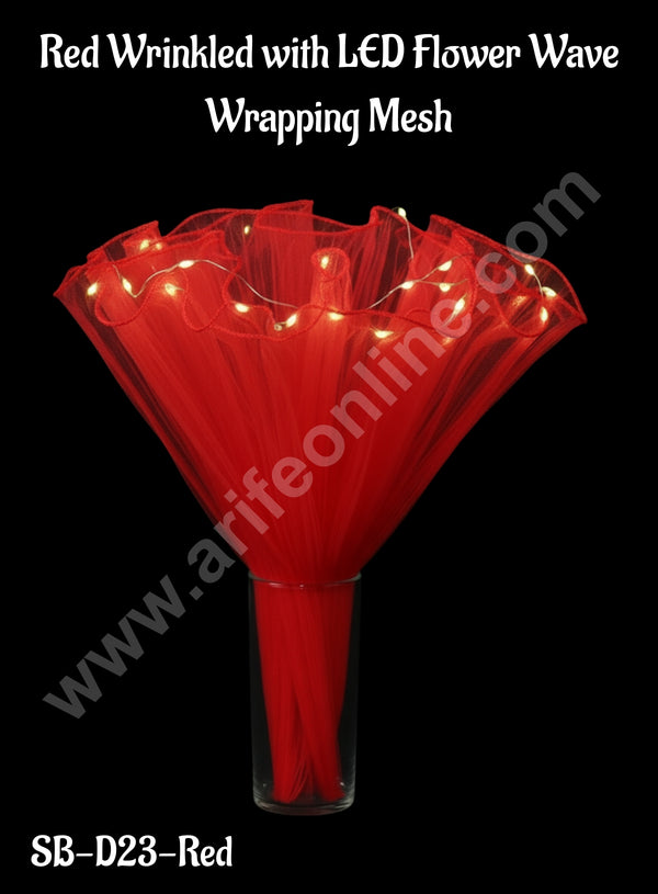 CAKE DECOR™ Red Wrinkled with LED Flower Wave Wrapping Mesh | Flower Wrapping Bouquet |(SB-D23-Red)| 1 Pc|