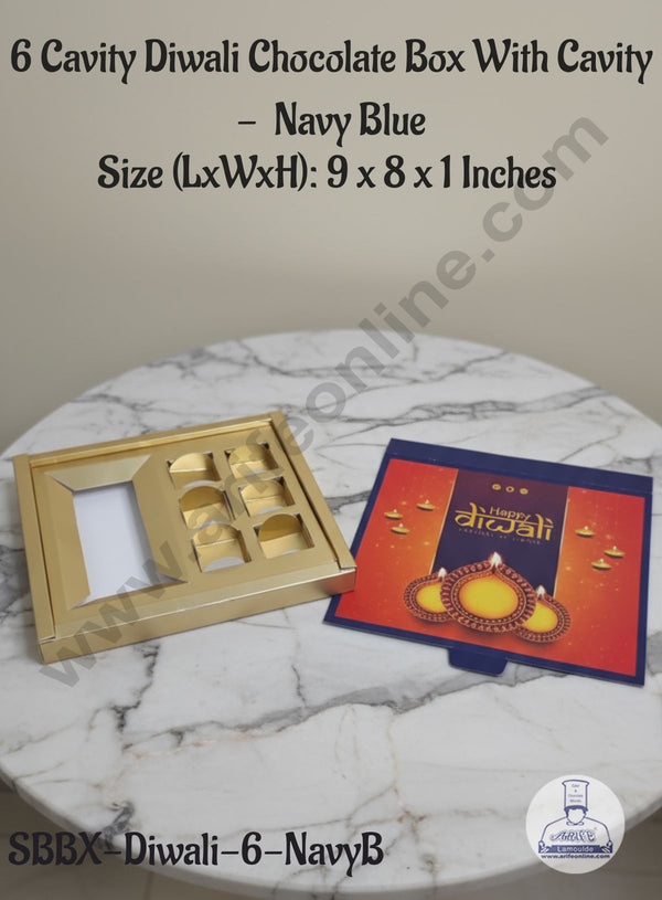CAKE DECOR™ 6 Cavity Diwali Chocolate Box With Cavity - Navy Blue│ SBBX-Diwali-6-NavyB│ 9 x 8 x 1 Inch │ 1 Pc Pack │
