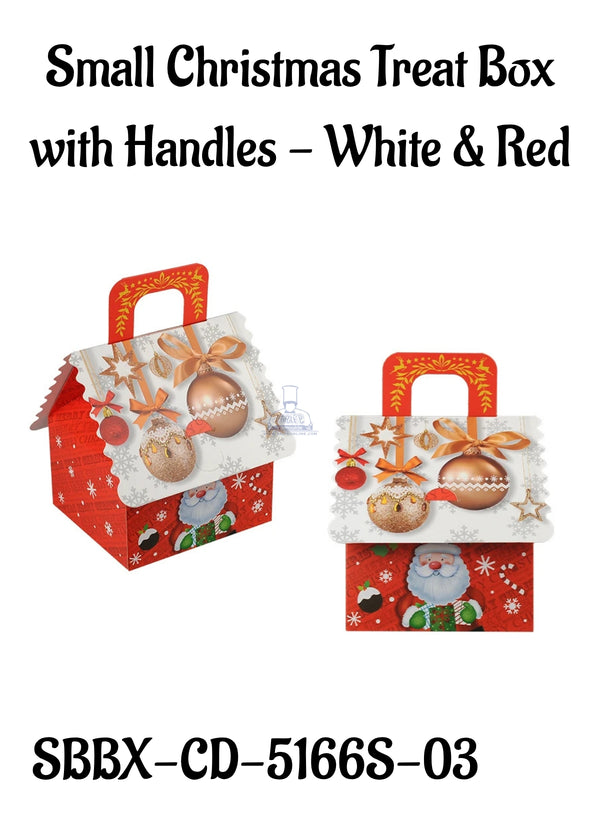 Small Christmas Treat Box with Handles - White & Red | 12 x 10 x 6.5 cm | 1 Piece (SBBX-CD-5166S-03)  - CAKE DECOR™