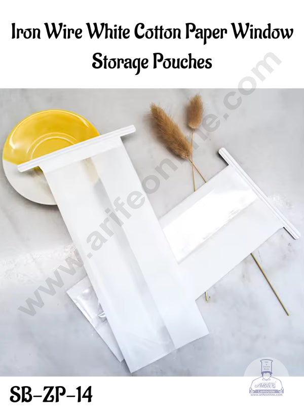 CAKE DECOR™ Iron Wire White Paper Window Storage Pouches - (28 x 13 x 10 cm) (Pack of 10) (SB-ZP-14)