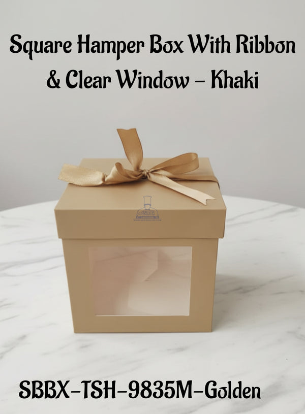 Square Hamper Box With Ribbon & Clear Window - Khaki | 15 x 15 x 15 cm | 1 Piece - CAKE DECOR™