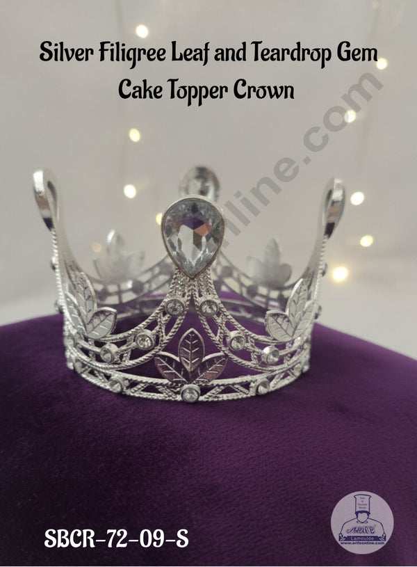 CAKE DECOR™ Silver Filigree Leaf and Teardrop Gem Cake Topper Crown - SBCR-72-09-S