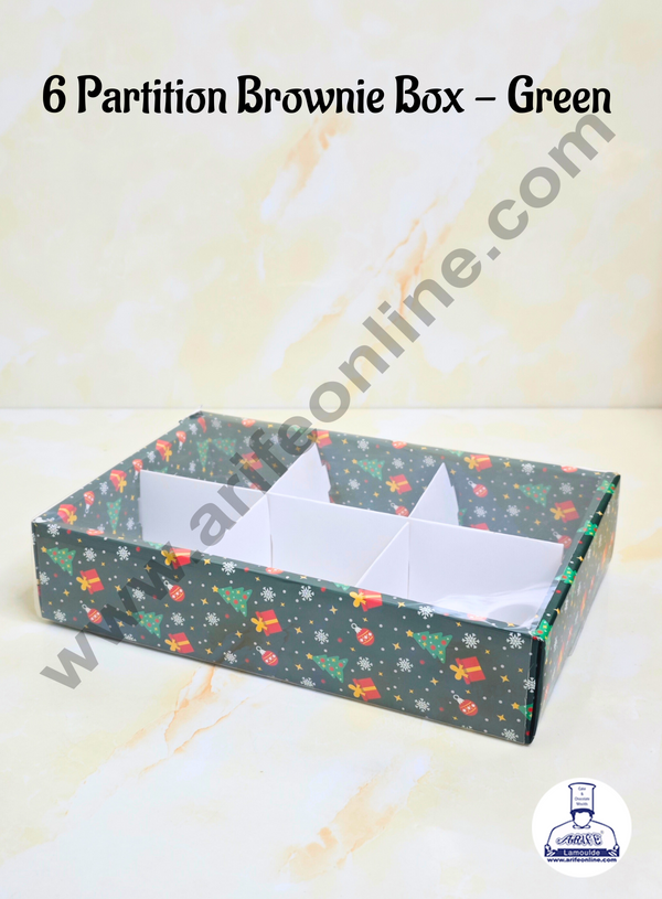 CAKE DECOR™ 6 Cavity Christmas Theme Brownie Boxes With Partition - Green color | Brownie Carriers - 1 Pcs Pack