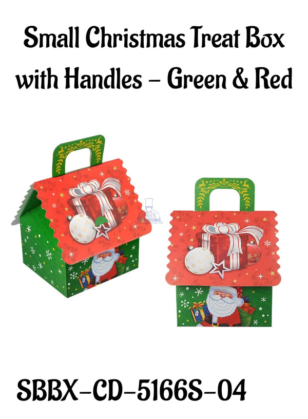 Small Christmas Treat Box with Handles - Green & Red | 12 x 10 x 6.5 cm | 1 Piece (SBBX-CD-5166S-04)  - CAKE DECOR™