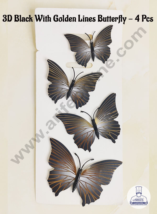 CAKE DECOR™ 4 Pcs 3D Black Butterfly With Golden Lines  Paper Topper For Cake And Cupcake