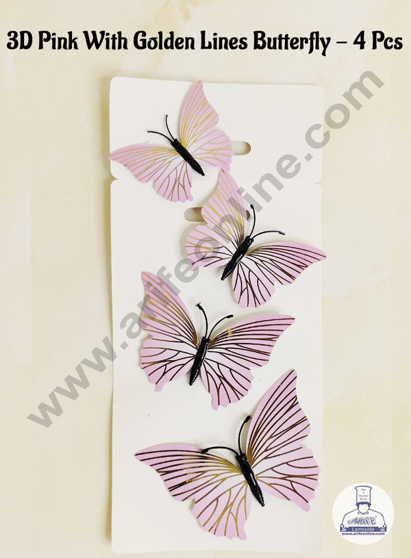 CAKE DECOR™ 4 Pcs 3D Pink Butterfly With Golden Lines  Paper Topper For Cake And Cupcake