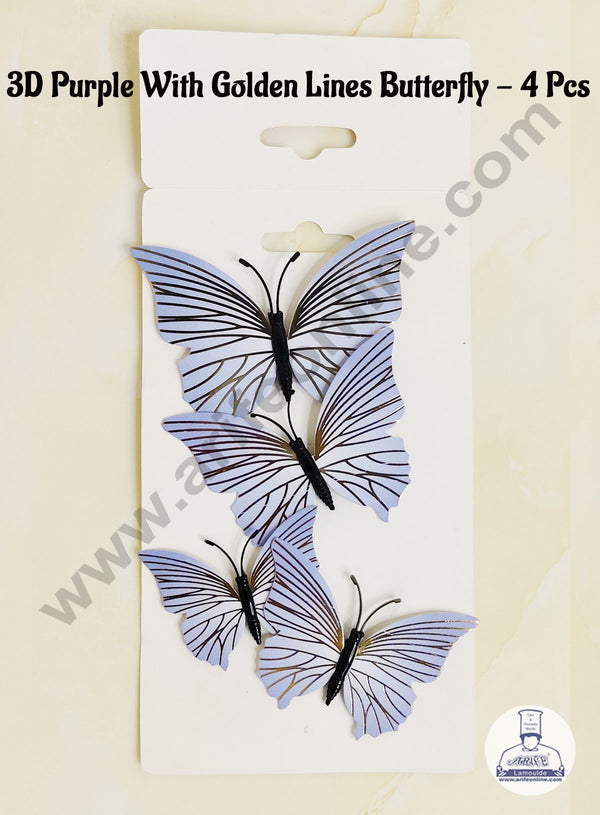 CAKE DECOR™ 4 Pcs 3D Purple Butterfly With Golden Lines  Paper Topper For Cake And Cupcake