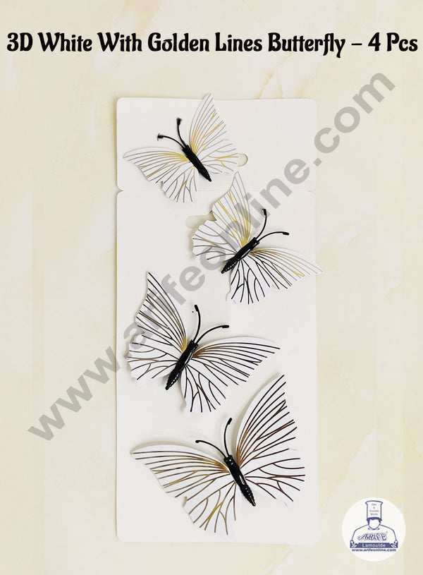 CAKE DECOR™ 4 Pcs 3D White Butterfly With Golden Lines  Paper Topper For Cake And Cupcake