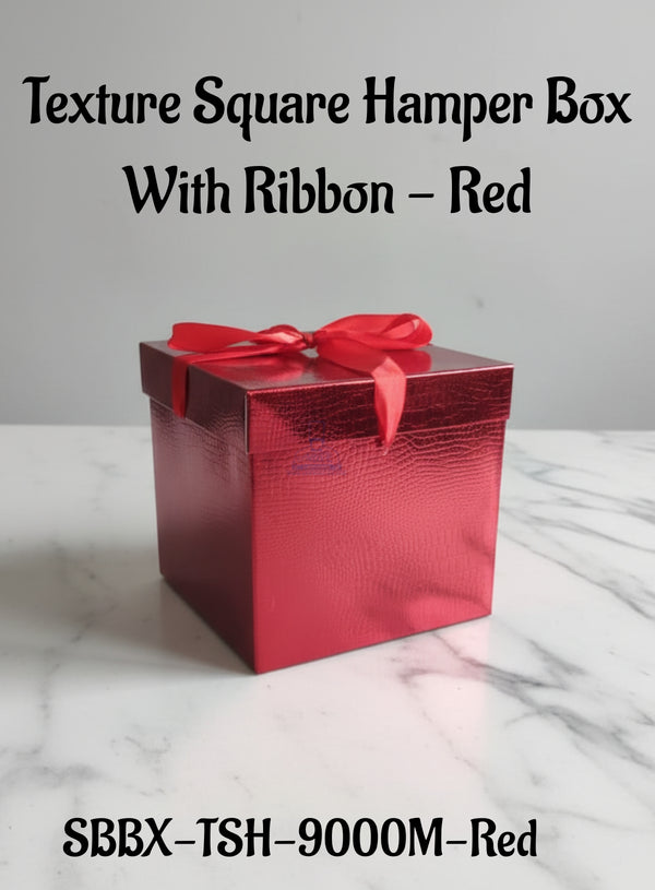 Texture Square Hamper Box With Ribbon - Red | 15 x 15 x 15 cm | 1 Piece - CAKE DECOR™
