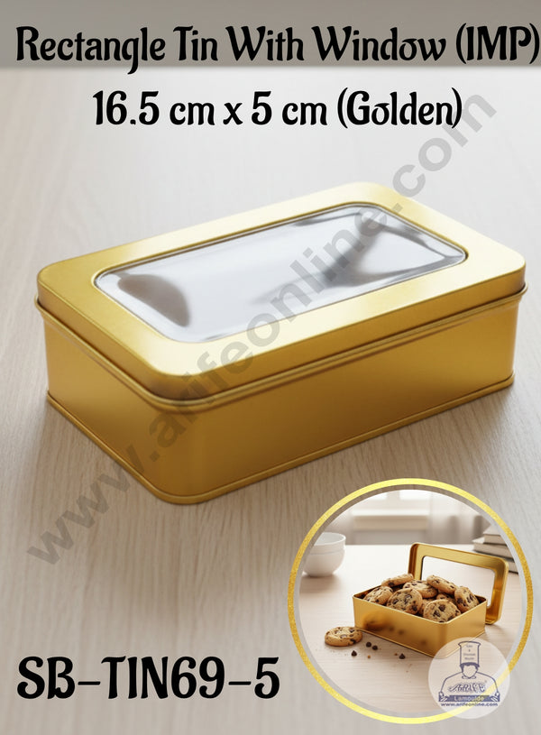 CAKE DECOR™ Rectangle Tin With Window (IMP)| Dream Cake Tin | Torte cake | Cookie |Golden|16.5 cm x 5 cm|