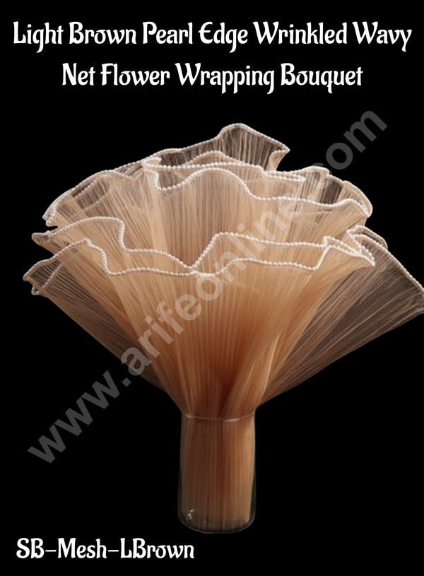 CAKE DECOR™ Light Brown Pearl Edge Wrinkled Wavy Net Flower Wrapping Bouquet  | Flower Wrapping Mesh | (SB-Mesh-LBrown)| 1 Pc|