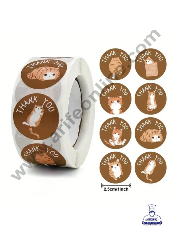 CAKE DECOR™ 1 Roll 500pcs Brown Ginger Cat Thank You Round Stickers | Self Adhesive Paper Sticker Labels 25mm