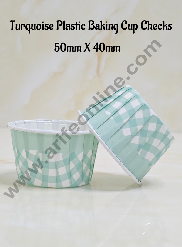 Cake Decor™  Plastic Baking Cup Checks Direct Bake-able Paper Muffin Cups - Turquoise Checks (100 Pcs)