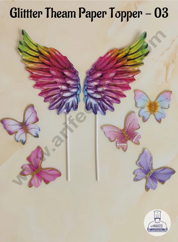 CAKE DECOR™ 6 pcs Multi Wings Tag with Multi Colour Glitter Butterfly Paper Topper For Cake And Cupcake