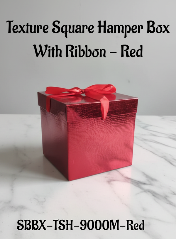 Texture Square Hamper Box With Ribbon - Red | 15 x 15 x 15 cm | 1 Piece - CAKE DECOR™