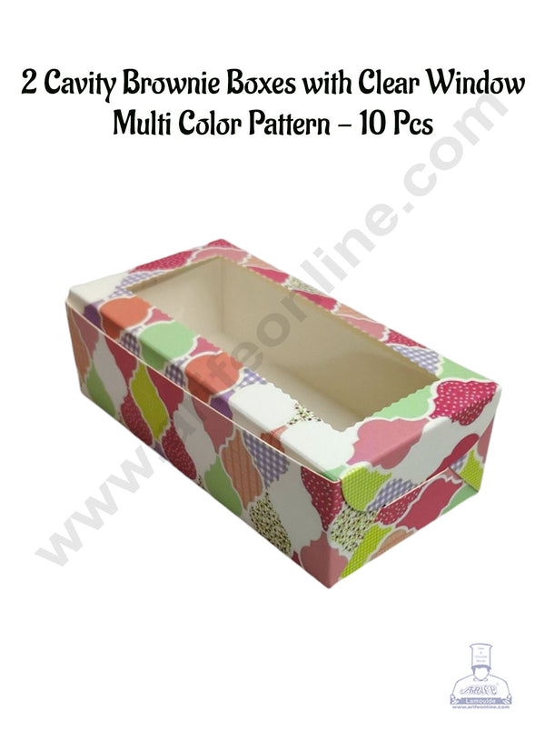 CAKE DECOR™ 2 Cavity Brownie Boxes with Clear Window Multi Color Pattern | Brownie Carriers - 10 Pcs Pack