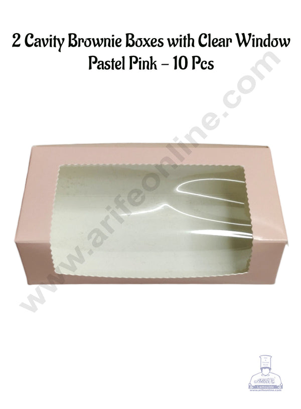 CAKE DECOR™ 2 Cavity Brownie Boxes with Clear Window Pastel Pink | Brownie Carriers - 10 Pcs Pack