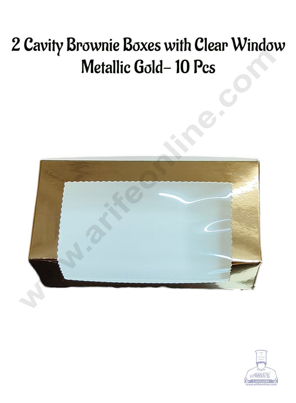 CAKE DECOR™ 2 Cavity Brownie Boxes with Clear Window Metallic Gold | Brownie Carriers - 10 Pcs Pack