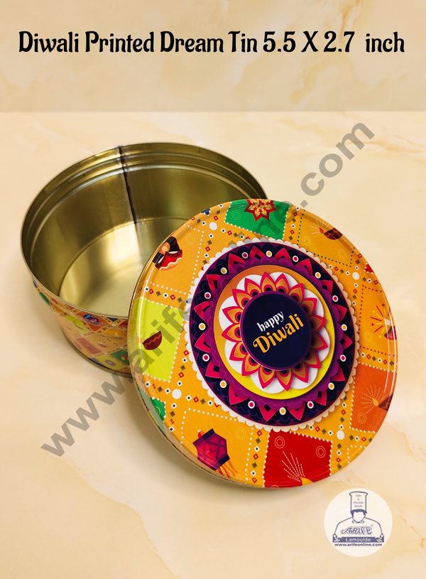 CAKE DECOR™ Dream Cake Tin Torte Cake Cookie Cake Tin Happy Diwali Printed Design - YELLOW color - 5.5 x 2.7 Inch