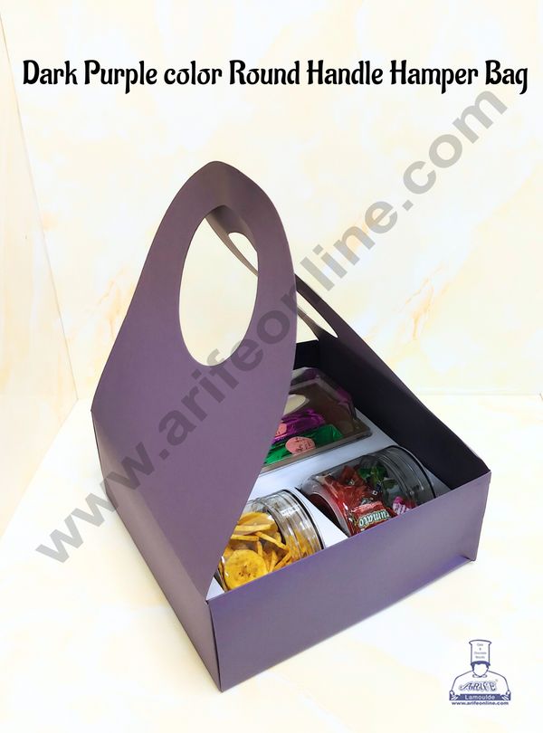 CAKE DECOR™  Round Handle Hamper Box With Cavity (Dark Purple )  | Gift Box | Gift Bag With Handle (1 Pc Pack)