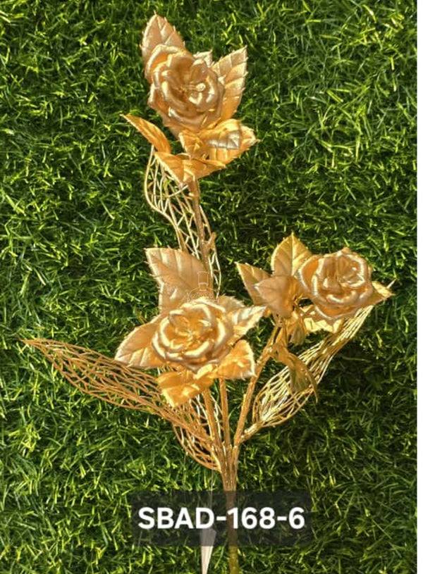 CAKE DECOR™ Metallic Gold Artificial Rose with Wire Mesh Detailing | Decorative Item For Cake Decoration- 1 Stick (SBAD-168-6)