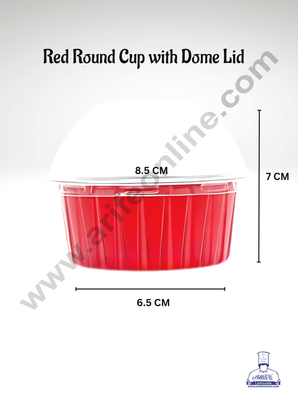 CAKE DECOR™ Red Round Frill Aluminium Tin Foil With Dome Lid Bake & Serve Cup| Aluminium Containers | Non-Stick Foil Baking Cups -5 Pcs Pack