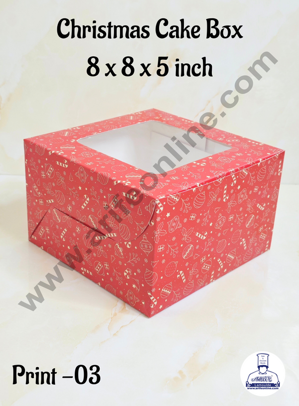 CAKE DECOR™ Red Christmas design 1/2 kg Cake Box (8 x 8 x 5 inch) | Small | Print -03 | 10 Pcs Pack