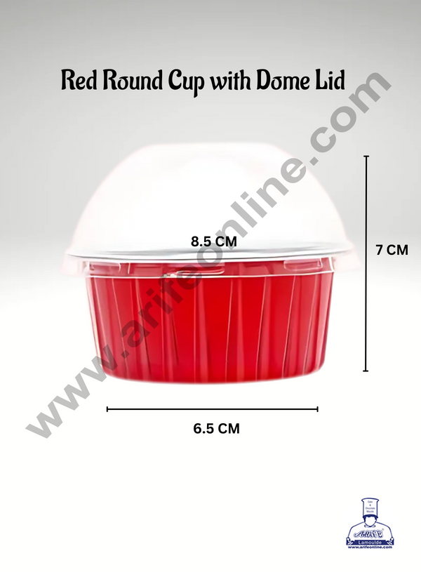 CAKE DECOR™ Red Round Frill Aluminium Tin Foil Baking Cups with Dome Lid | Non-Stick Bake & Serve Aluminium Containers (Pack of 5)