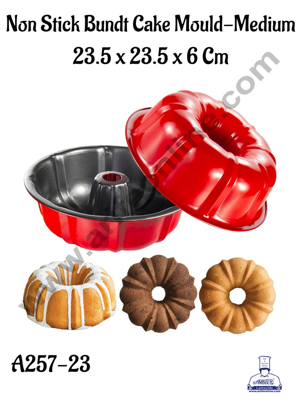 CAKE DECOR™ Meduim Sized Non-Stick Bundt Cake Mould with Stylish Red Coating - 23.5 x 23.5 x 6 Cm