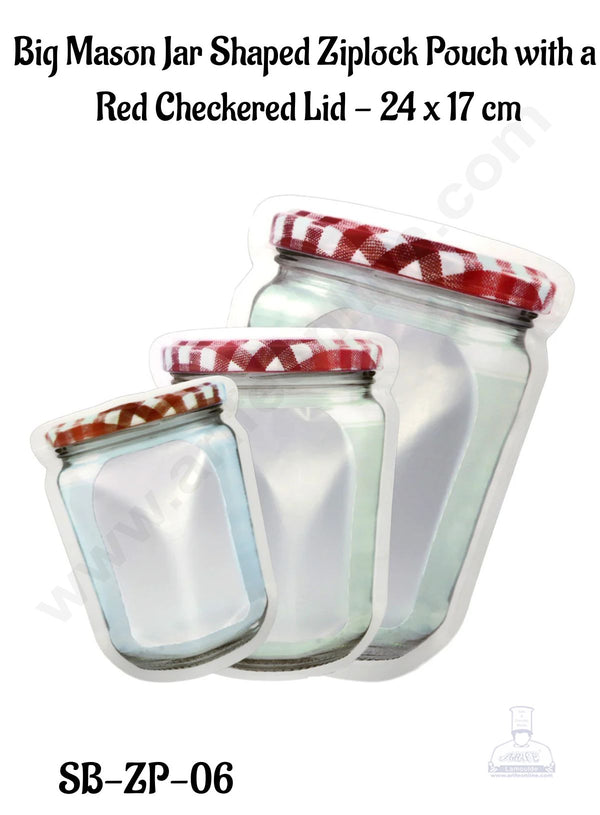 CAKE DECOR™  Large Mason Jar Shaped Ziplock Pouch with a  Red Checkered Lid - 24x 17 cm (Pack of 10) - SB-ZP-06