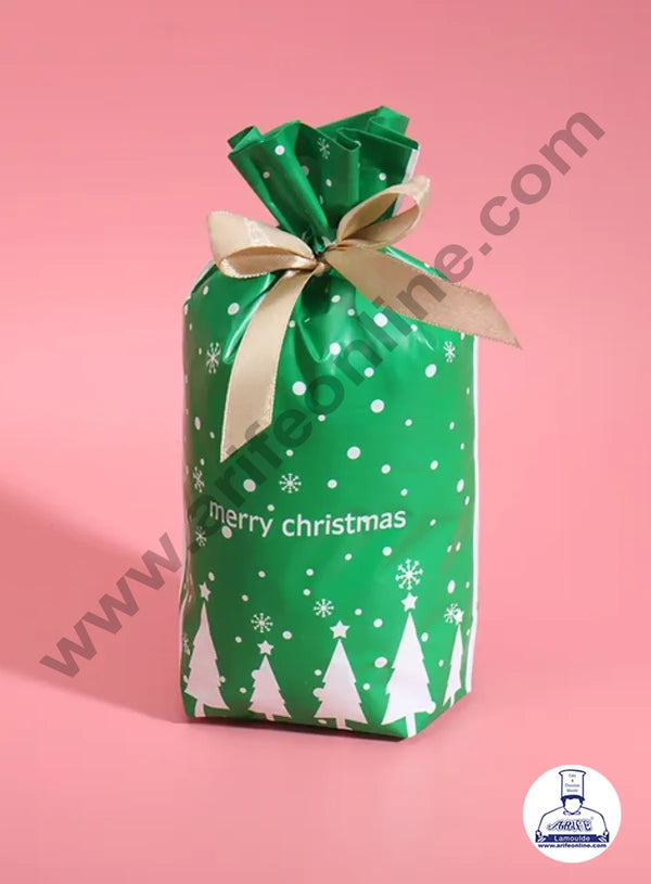 Cake Decor ™ Small Green Color Christmas Theme Cookie pouch Plastic Drawstring Bag Treat With Ribbon | Design - 09 | Pack of 10 | (12cm X 17.5cm)Small