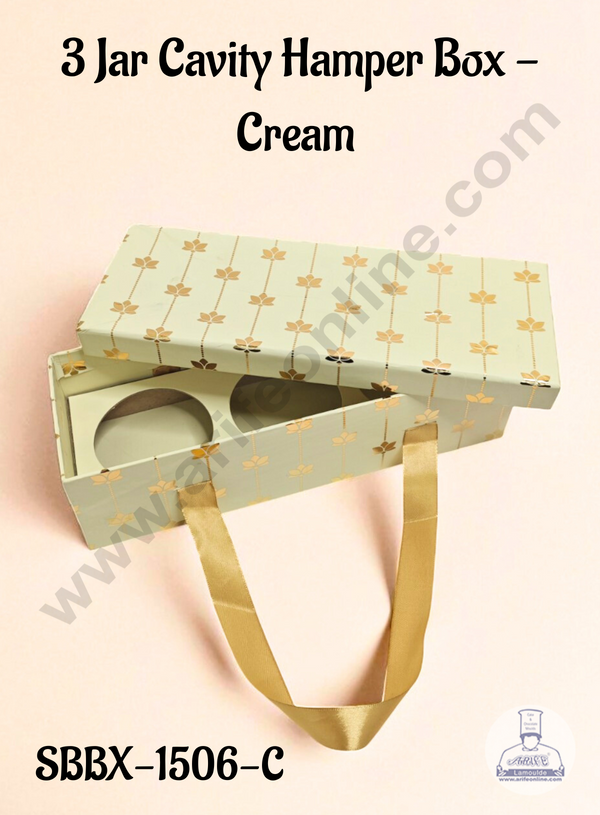 Cream 3 Jar Cavity Hamper Box with Gold Lotus Design & Ribbon Handle | 34 X 12 X 9 cm | 1 pc - CAKE DECOR™
