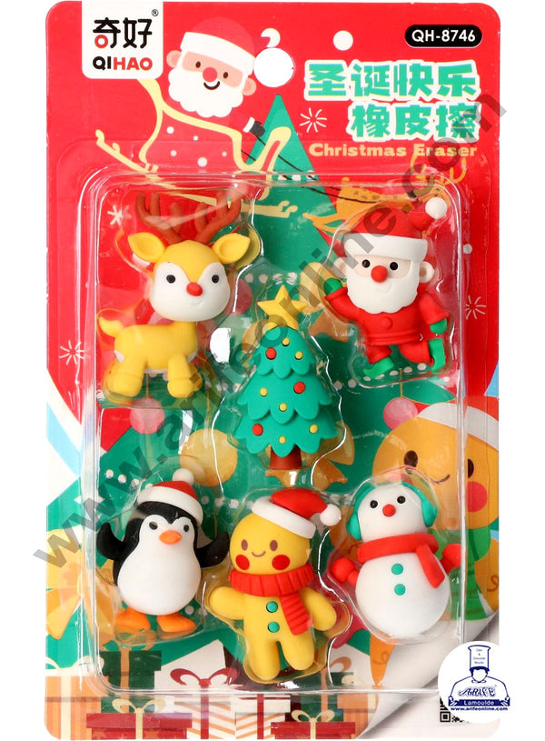 CAKE DECOR™ 6 Piece Christmas Theme Rubber  Cake Topper with Mini Santa, Penguin, Tree, Reindeer, Snowman, Teddy | Mini Christmas Eraser | Christmas Return Gifts