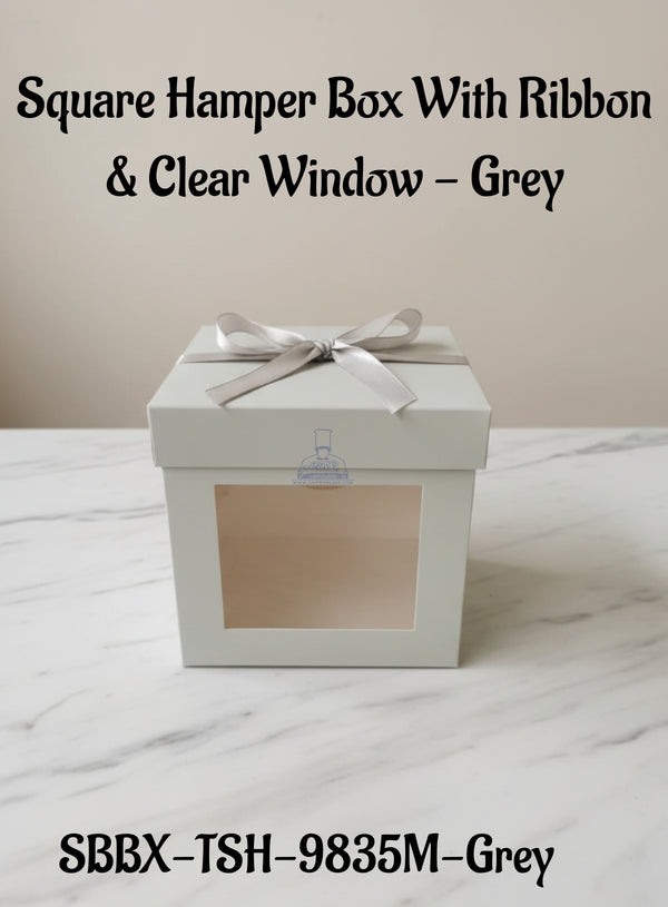 Square Hamper Box With Ribbon & Clear Window - Grey | 15 x 15 x 15 cm | 1 Piece - CAKE DECOR™
