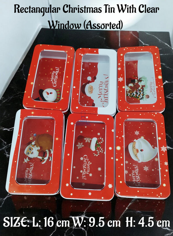 Cake Decor ™ Rectangular Shape With Clear Window Christmas Tins - Assorted | 1 Pc Pack|SBCH-XM-04|