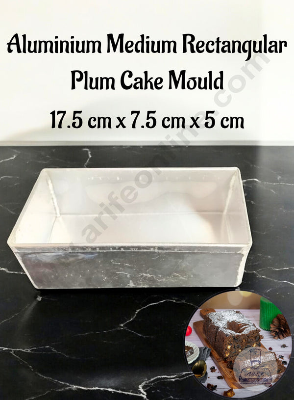 CAKE DECOR™ Aluminium Medium Rectangular Plum Cake Mould - (Base: 17.5 cm x Width: 7.5 cm x Height: 5 cm)
