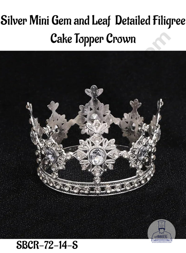 CAKE DECOR™ Silver Mini Gem and Leaf  Detailed Filigree Cake Topper Crown - SBCR-72-14-S