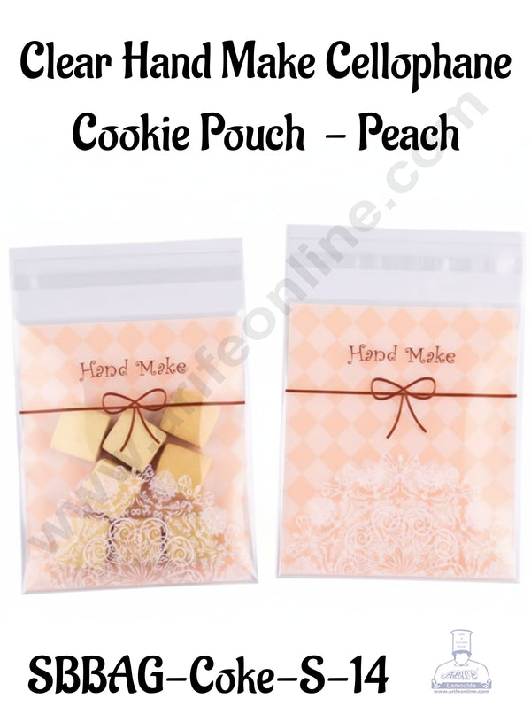 CAKE DECOR™ Mini Clear Hand Make Cellophane Cookie Pouch - Peach | Self Adhesive | 100 Pcs