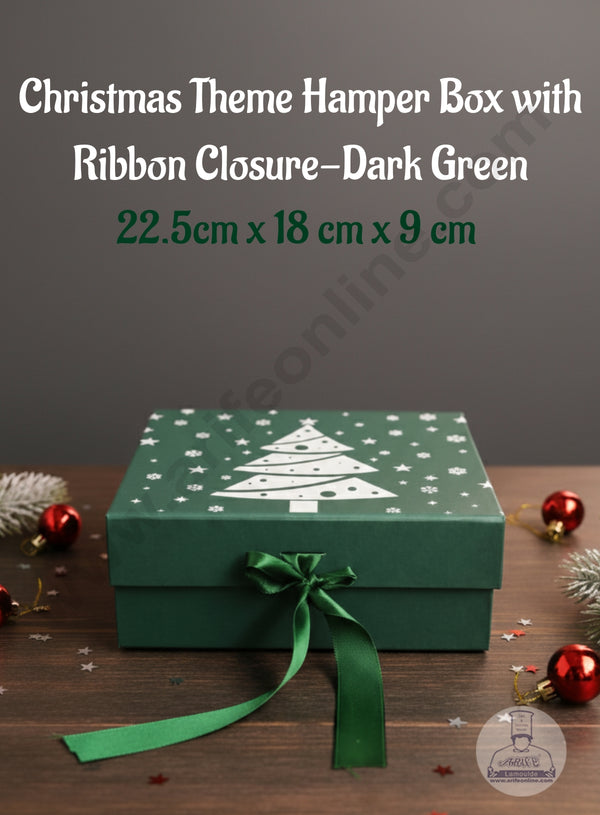 CAKE DECOR™ Christmas Theme Folding Hard Hamper Box with Ribbon Closure-Dark Green | 22.5 cm x 18 cm x 9 cm | Gift Box | Present Box - 1 Pc | (SBBX-CT-DG)
