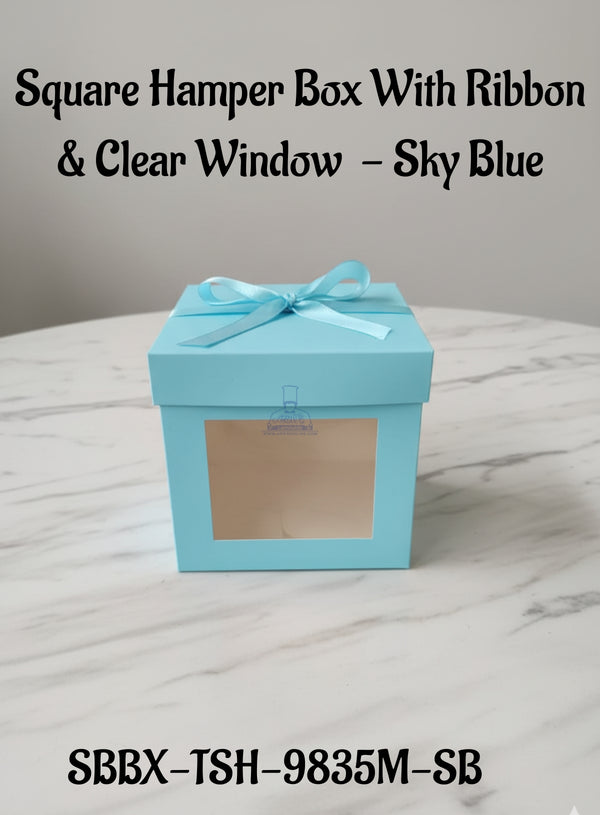 Square Hamper Box With Ribbon & Clear Window - Sky Blue | 15 x 15 x 15 cm | 1 Piece - CAKE DECOR™