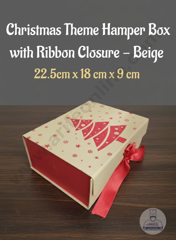 CAKE DECOR™ Christmas Theme Folding Hard Hamper Box with Ribbon Closure-Beige | 22.5 cm x 18 cm x 9 cm | Gift Box | Present Box - 1 Pc | (SBBX-CT-Beige)