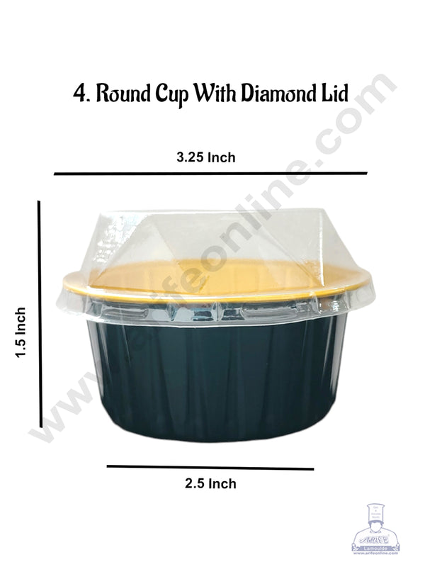 CAKE DECOR™ Round Frill Aluminium Tin Foil With Diamond Lid Bake & Serve Cup| Aluminium Containers | Non-Stick Foil Baking Cups -5 Pcs Pack