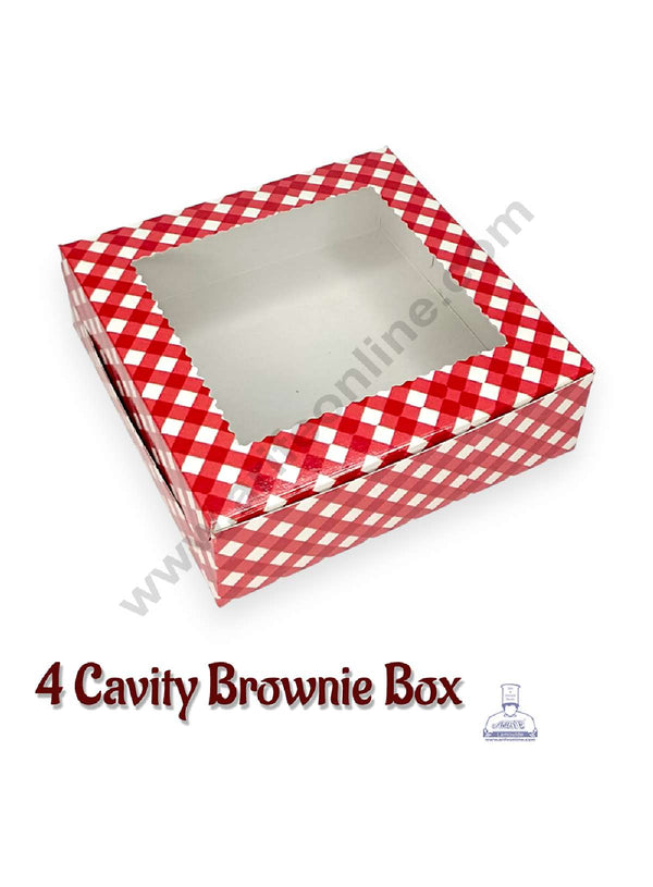 CAKE DECOR™ Red & White Checks Design 4 Cavity Brownie Box with Clear Window, Brownie Carriers ( 10 Pcs Pack )