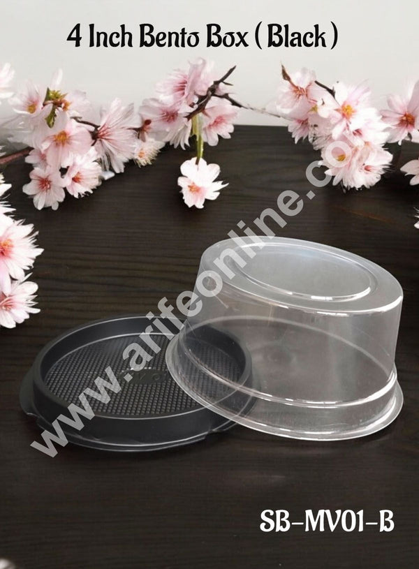 CAKE DECOR™ PVC Round Bento Box With Black Base Cake Box | Dessert Packaging - 4 inch (1 Pcs Pack)