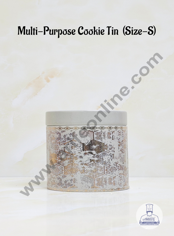 CAKE DECOR™ Grey color Multi-Purpose Round Printed Cookie Tins | Airtight Tin Jars | Printed Metal Jar| Gift Hamper Jar (Size S)